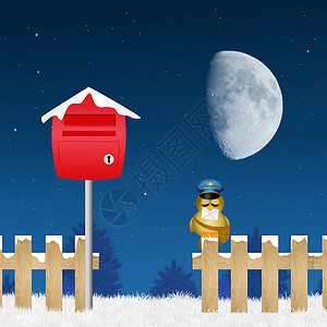 带圣诞老人信的鸟类邮递员明信片信封月光邮箱邮件卡通片盒子栅栏送货插图背景图片