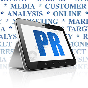拜年广告素材pr广告概念平板电脑与 PR 上显示战略公关软垫3d笔记本民众技术渲染品牌屏幕背景