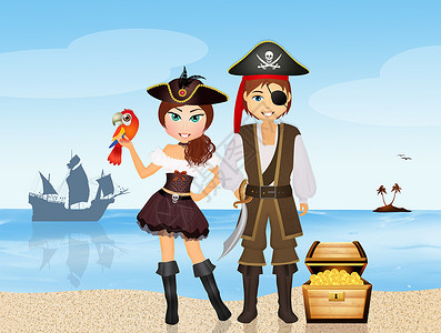 烧火海盗岛上的海盗夫妇女性骨骼男人帆船海洋鹦鹉寻宝百宝箱夫妻插图背景