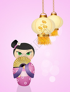 高石洋娃娃和中国灯笼和服女士插图创造力艺妓艺术快乐新年扇子文化背景图片