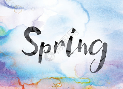 春天来了字体泉水彩色和墨水字艺术背景