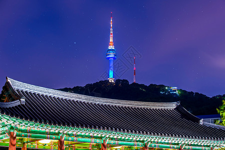 韩国N首尔塔村和首尔塔位于南韩首尔南山公吨地标场景景观反射城市风景背景