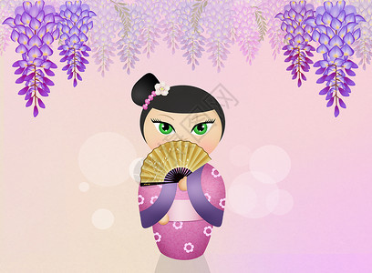 紫藤花花Kokeshi娃娃和维西花花艺术艺妓芥子快乐花朵文化女士和服纪念品插图背景