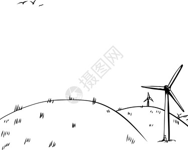 手绘风车山上外风力涡轮机背景