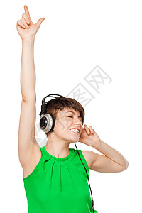 快乐的DJ女DJ 有耳机在白色背景上人高清图片素材