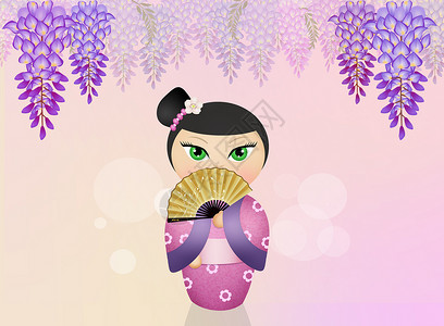 紫藤花花Kokeshi娃娃和维西花花花朵女士艺妓艺术和服文化玩具紫色创造力芥子背景