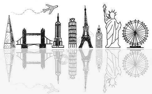 全球旅行全球旅游旅游地标的天线草图假期天际绘画飞机背景图片