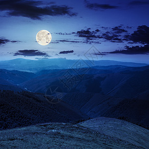 月亮谷夜间山顶的高高野植物月亮行星蓝色地平线天空丘陵农村星星地球植物群背景