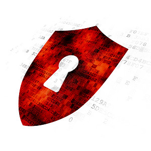 红色盾牌数字背景上带锁孔的安全概念盾牌警报别针像素化屏幕犯罪数据政策保卫攻击财产背景