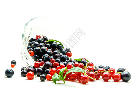 白色背景上黑色和红色卷纹的玻璃花瓶饮食甜点食物水果浆果背景图片