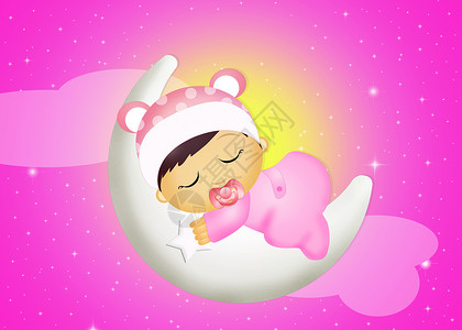 靠着月亮女孩月亮上的女孩女婴奶嘴新生睡觉睡眠插图星星庆典孩子们洗礼迎婴背景