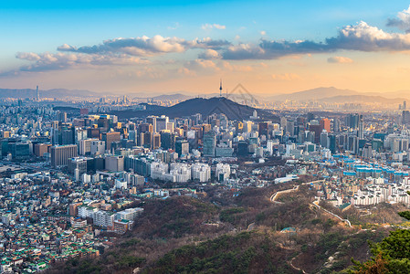 韩国首尔市天线商业场景旅行办公室景观风景建筑物城市市中心日落背景图片