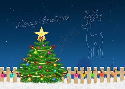 圣诞老人驯鹿天空中驯鹿形状的恒星卡通片彩灯栅栏星星插图快乐礼物背景