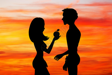 亚当和夏娃阿丹和夏娃 与日落时的罪恶结实背景
