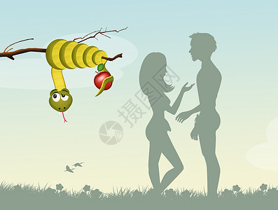 亚当和夏娃阿丹和夏娃 在乐园中女士夫妻起源男人水果历史插图地球天堂诱惑背景