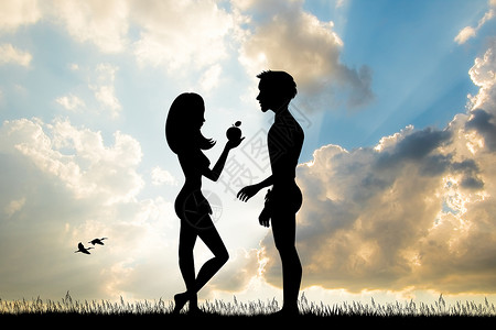 亚当和夏娃在伊甸园中夫妻花园起源水果诱惑插图历史男人圣经天堂背景