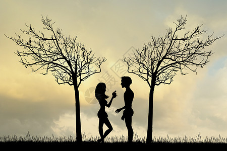 亚当和夏娃在伊甸园中日落夫妻地球宗教花园插图水果圣经起源天堂背景