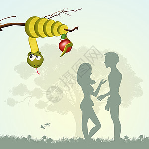亚当和夏娃阿丹和夏娃 与罪恶的果实同齐诱惑插图男人历史圣经夫妻水果宗教花园起源背景
