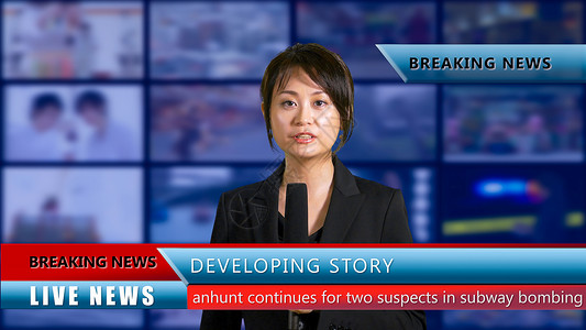 工作室女新闻主播亚裔播送报告爆炸商业主持人广播屏幕女士全球背景图片