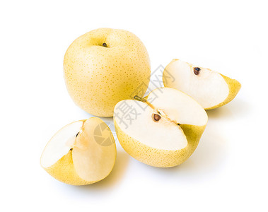 中国梨子新鲜水果 白底面有切片 选营养黄色食物棕色圆形新吾团体热带背景图片
