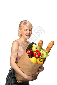 拥有杂货购物袋的妇女零售绿色女孩购物蔬菜微笑面包饮食食物胡椒背景
