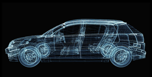 车辆网由发光线和点组成的抽象汽车粒子运动技术发动机多边形运输驾驶三角形蓝色黑色背景