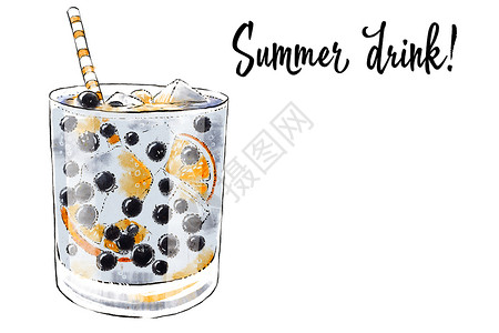 夏季可爱元素Colorfu 手绘插图 新鲜水果的美味冰沙 新鲜的夏季鸡尾酒 配蓝莓和橙子 装有冰块和吸管的玻璃罐 健康饮品 维生素天然饮料背景