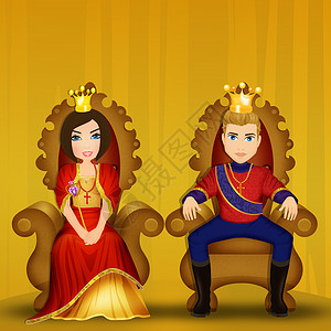 公主与王子国王和王后坐在宝座上背景