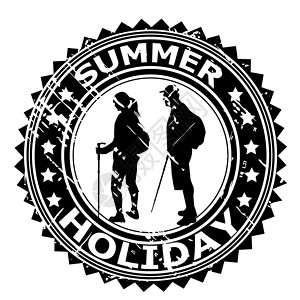 黑色船锚图章带有游客剪影的暑假橡皮图章背景