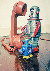 电话机器人老式机器人电话说话电子人乡愁玩具智力木地板营销技术互联网操作员背景