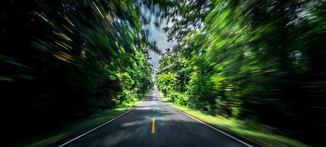 夏季在高速公路上模糊清空沥青路和速度运动 农村绿树林一片空白自由环境场景运输森林沥青车道旅行交通驾驶背景图片