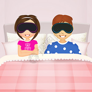 带睡梦面具的夫妇梦想家插图床单睡眠夫妻枕头毯子女士女孩男人背景图片