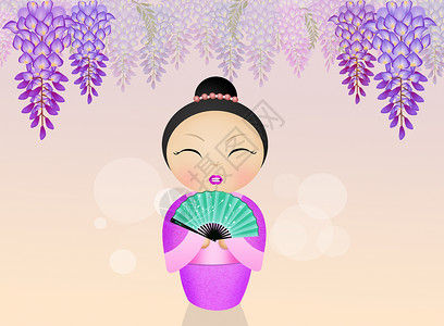 Kokeshi娃娃和维西花花紫色创造力艺术女士纪念品玩具芥子艺妓花朵文化背景图片