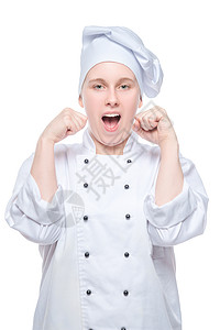 快乐的厨师在西装上成功 在胜利中欢欣鼓舞 肖像女士高清图片素材