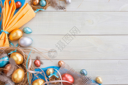 复活节快乐边框框架边界木头丝带卡片食物耳朵蓝色兔子金子传统背景图片