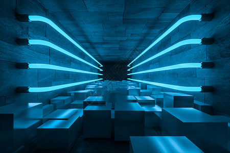 废弃房间黑暗背景中的 3D 渲染发光魔法线蓝色技术射线几何学3d辉光活力插图监狱激光背景图片