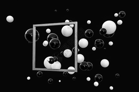 3D铸造 黑白球和中间有框的黑白球渲染艺术3d圆圈海报几何学插图想像力展示造型背景图片