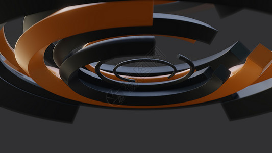 立体圆圈具有闪亮的黑色和橙色曲线的抽象背景圆柱圆圈反射戒指插图团体圆形材料3d管子背景