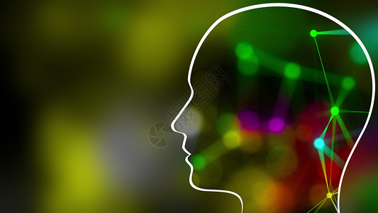 头部轮廓在绿色计算机生成的 background3d 渲染中 由头部内部的点连接的细直线网格脖子男人鼻子线条科学智力多边形网络电路辉光背景