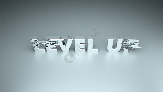虚假宣传字体3d 文本-升级与故障效果在游戏设计计算机生成的表面背景上背景