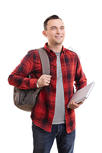 带着背包和笔记的便衣微笑的男学生男人高清图片素材