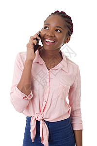 电话里的女人黑色手机白色女性女孩技术工作室微笑成人爆炸接触高清图片素材