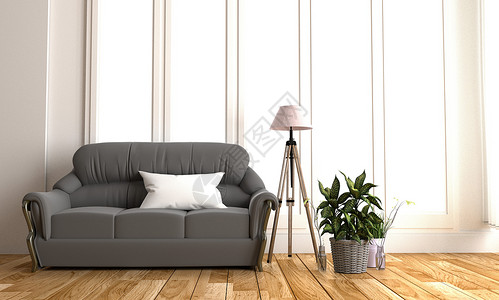白色室内镶木地板木地板中的现代黑色布艺沙发高清图片