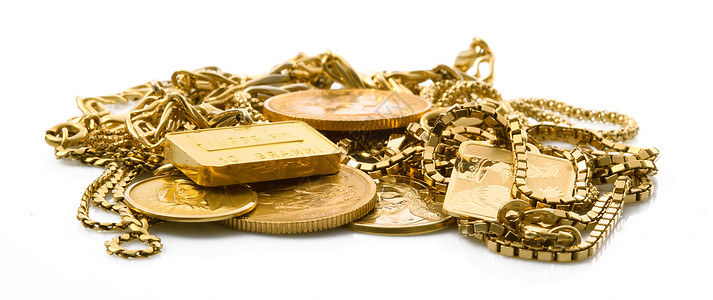 白色背景的金色对象链子珠宝金属危机避风港黄色宝藏硬币店铺宝石背景图片