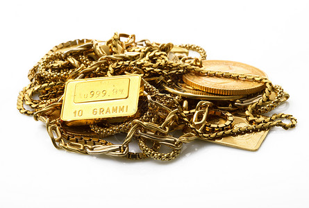 白色背景的金色对象金条手表店铺黄色投资危机宝石金属珠宝概念背景图片