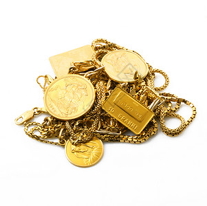 白色背景的金色对象金条宝藏链子手表硬币原点店铺宝石金子投资背景图片