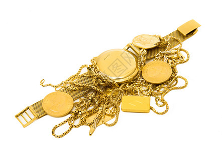 白色背景的金色对象店铺金条黄色投资概念金属危机手表宝藏硬币背景图片