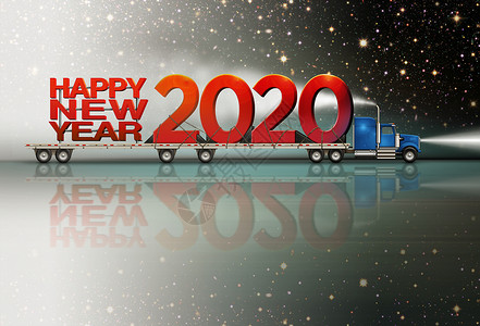 新年和2020年巨型新年快乐 搭乘半卡车3D 插图高清图片