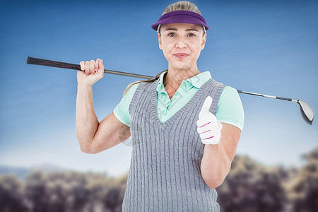 运动选手金发美女打高尔夫 举起大拇指的复合形象双手女士计算机手套金发女郎高尔夫球手势绘图数字女性背景