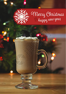 喜庆圣诞快乐和新年祝愿的复合形象庆典公寓甜食糖果热饮茶点木头标签玻璃横幅背景图片